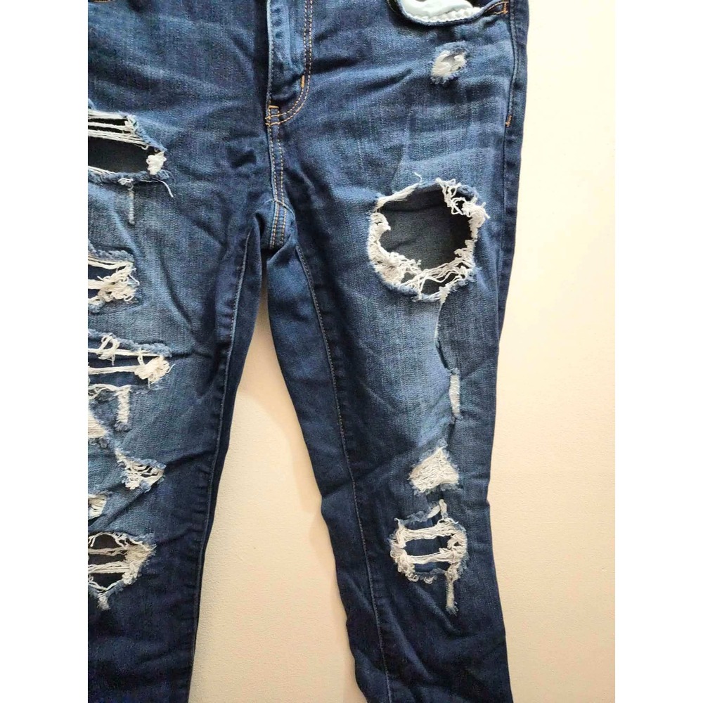 American Eagle Super Stretch Distressed Jeggings Dark Wash Blue Denim Womens 8 - Picture 4 of 5